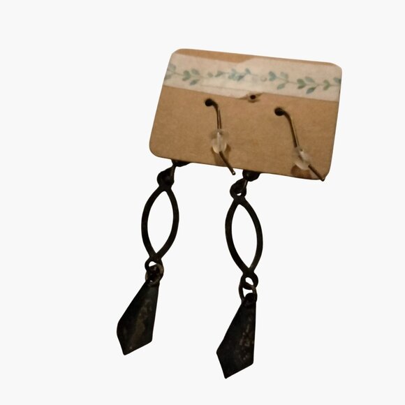 Green Gold Geometric Drop Dangle Earrings Hook Closure Unique Vintage - Picture 4 of 4